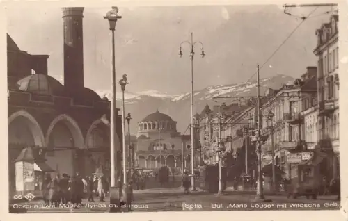 B139 Bulgarien Sofia Bul Marie Louse mit Witoscha Geb RPPC Straßenbahn Auto Postkarte