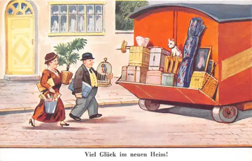 B155 Viel Glueck im neuen Heim! Paar Möbel LKW Umzug zum Haus Postkarte