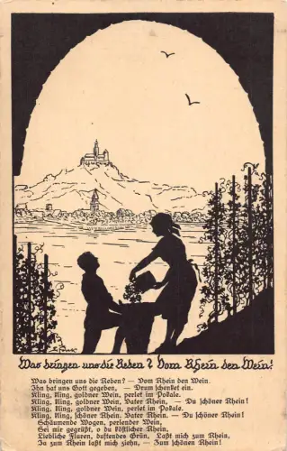 B155 Silhouette Rhein Schloss Liebe Romantik Paar sammelt Trauben Gedicht Postkarte