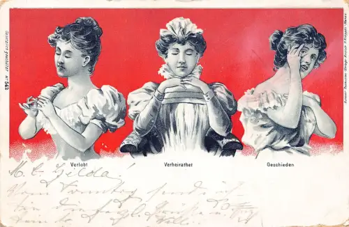 B151 Hochzeit Bühnen Comic Humor 1902 Verlobt Verheiratet Geschichte Frau Postkarte