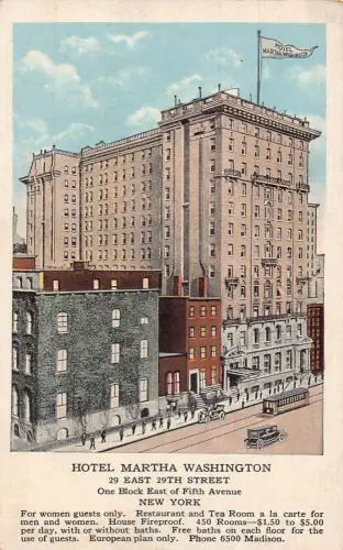 USA New York City Hotel Martha Washington Vintage Postkarte B948
