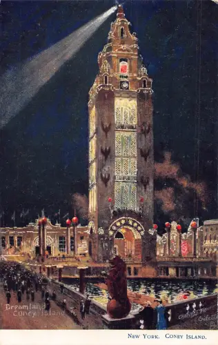 US New York Coney Island Tower at Night Vintage Postkarte B948