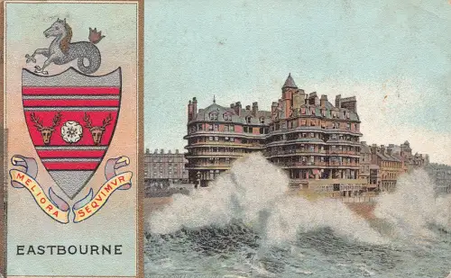 B143 England 1906 Eastbourne Sea Waves Coat of Arms Vintage Postkarte