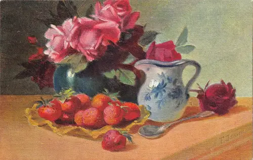 B151 Food Art Stillleben 1907 Rosen Erdbeeren Löffel Tasse Postkarte