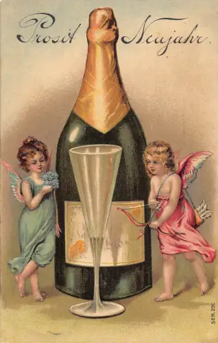 B131 Neujahr 1908 Riesen Sektflasche Glas Cherub Mädchen geprägt Postkarte
