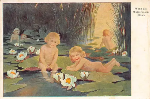 B163 Kunst Wenn die Wasserrosen Blauhenne Lotusblumen Mädchen im Wasser Postkarte