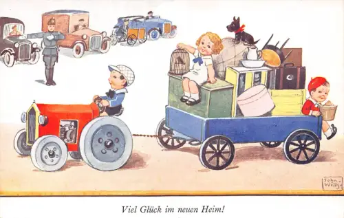 B155 Kinder fahren LKW Autos Spielzeug Polizist John Wills Kunst Vintage Postkarte