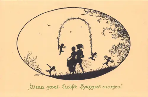 B163 Silhouette Fantasy Kunst von Elsbeth Forck Fee Hochzeit Trompete Postkarte