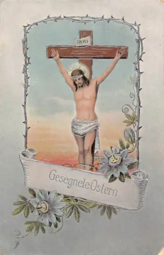 B135 Religiöse Ostergrüße 1917 Jesus Christus am Kreuz Blumen Postkarte