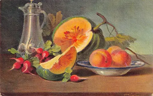 B151 Food Art 1907 Melone Pfirsiche Rettich Wassertopf Vintage Postkarte