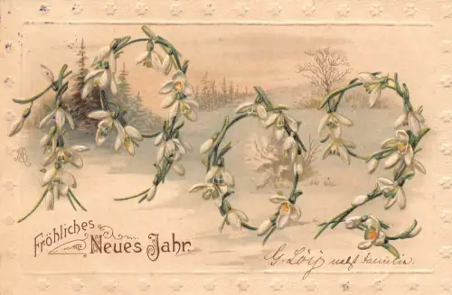 B132 Neujahrsgruß 1901 Schneeglöckchen Zahlen Schneeansicht Prägepostkarte