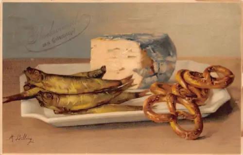 B133 Geburtstagsgrüße 1909 Speiseteller Fischkäse und Brezeln AK