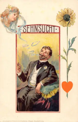 B132 Sehnsucht Mann raucht Zigarre allegorische Frau aus Rauch Blume Postkarte
