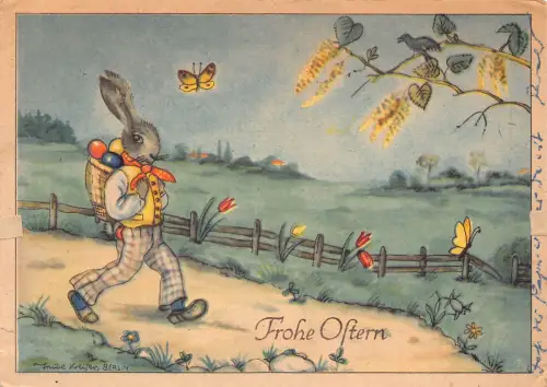 B134 Ostergrüße 1940 vermenschlichtes Kaninchen Eier Korb Schmetterling Tulpe Postkarte