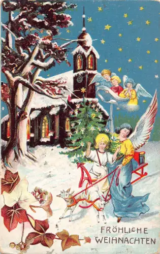 B153 Weihnachten 1912 Engel Ziege Schlitten Kirche Stern Blätter Prägepostkarte