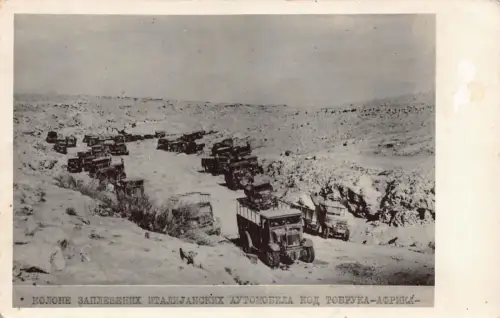 B139 Libyen Tobruk Säulen beschlagnahmter italienischer Automobile LKW RPPC Postkarte