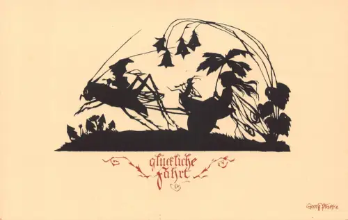 B163 Silhouette Fantasy Kunst von Georg Wischke Fee Grille Wagen Blumen Postkarte