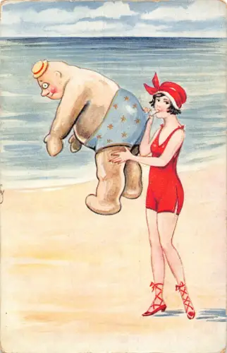 B153 Comic Humor Dame im Badeanzug bläst Fat Man Puppe Strand Postkarte