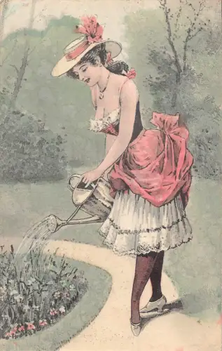 B150 Risque Gardener Woman Sparkling Flowers Tied Dress Vintage Postcard