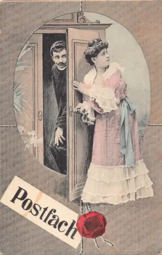 B133 Postfach Passepartout Liebesromanin öffnet Tür für Liebhaber Postkarte