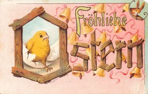 L066 Frohe Ostern Huhn Hase 1905 Vintage Postkarte