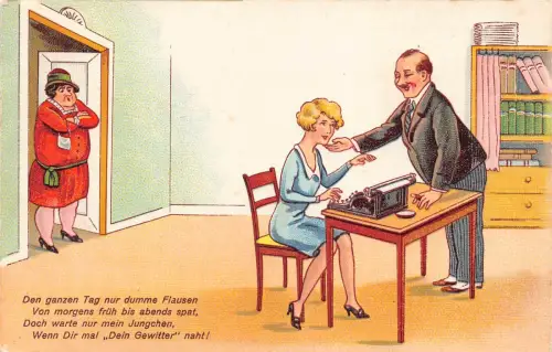 B132 Comic Humor Mann flirtet mit Sekretärin als hässliche Frau schaut Postkarte