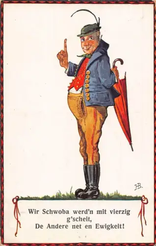 L066 Deutschland 1933 Mann Regenschirm Trachtenkarikatur signiert Hans Boettcher AK