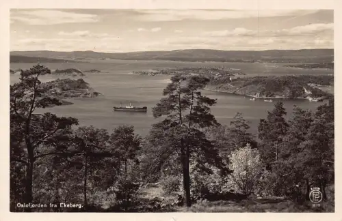 L070 Norwegen Oslofjord fra Ekeberg Schiff Echtfoto AK
