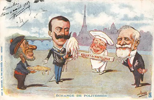A876 Politische Satire 1903 Emile Loubet Vittorio Emanuelle III Nougat Postkarte