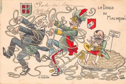 A876 Politische Satire 1903 E Loubet Edward VII Delcas Danse du Macaroni Postkarte