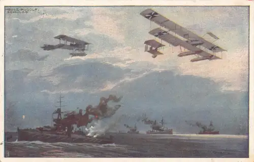 Kunst signiert HR Schulze 1915 German Planes Bombarding English Ships WWI Postcard