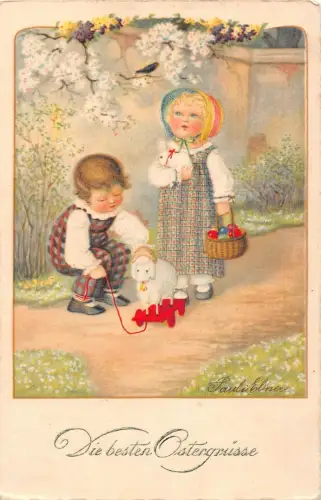 L163 Ostereier spielende Kinder 1933 signiert P Ebner Vintage Postkarte