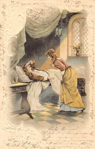 Kunst Frau kümmert sich um kranken Ehemann Sonnenschein durch Fenster Litho Vintage Postkarte