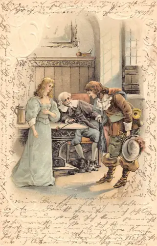 Kunst 1904 Musketier Treffen Dame alter Mann raucht Pfeife Katze Litho Vintage Postkarte