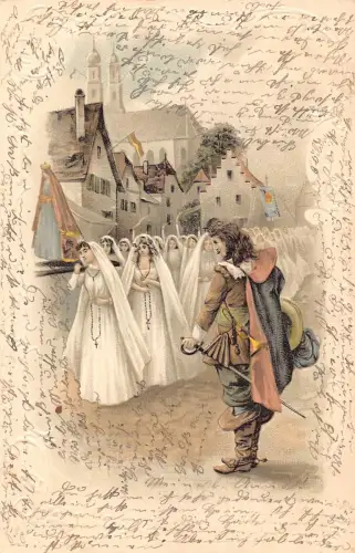 Kunst Musketier beobachtet Menge Nonnen vorbei Gottesdienst Litho Postkarte