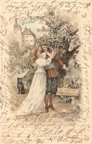 Kunst Musketier und Dame Hochzeit umarmen Baum Katze Litho Vintage Postkarte