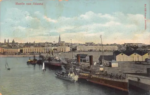A060 Spanien Sevilla Muellecon Aduana Dampfschiffe Hafen Vintage Postkarte