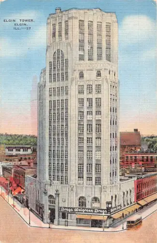 L068 US Elgin - Elgin Tower Drogerie Postkarte