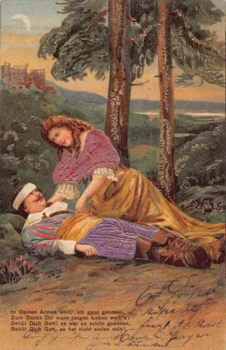 Kunst 1905 Frau tröstet verwundeter Soldat Morgendämmerung Halbmond geprägte Postkarte