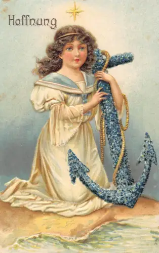 Hoffnung Engel Goldener Stern Allegorisch Vergissmeinnicht Anker Prägepostkarte