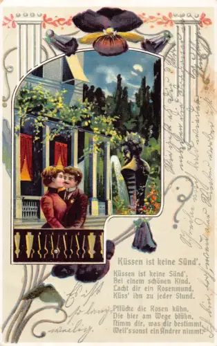 Küssen ist keine Sünde 1907 Paar flirtet Passepartout Stiefmütterchen geprägte Postkarte