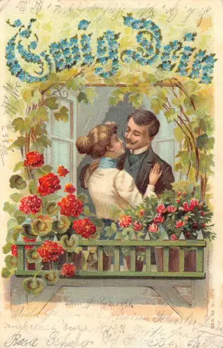 Forever yours 1905 Happy Couple About to Kiss Roses Balkon Prägepostkarte