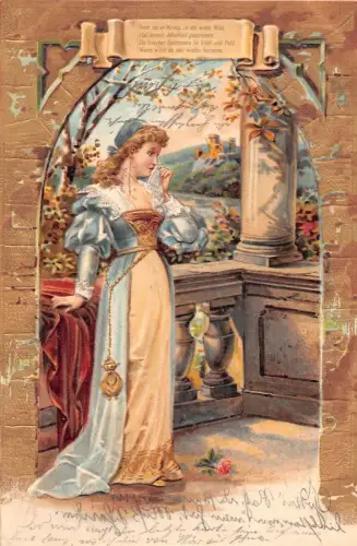 Elegante Frau im Schloss weinendes Taschentuch geprägte Postkarte