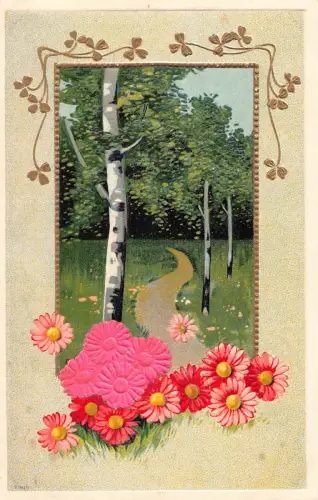 Landschaft Birken Bäume Passepartout Seidenblumen geprägte Postkarte