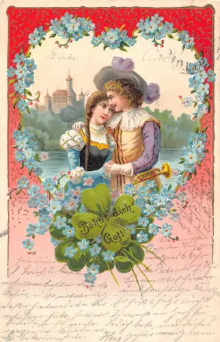 Gott sei mit dir 1904 Paar Trompete Kleeblatt Vergissmeinnicht Herz Postkarte