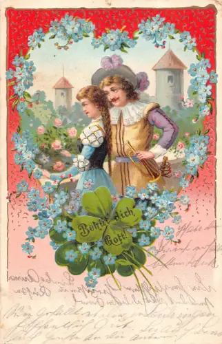 Gott sei mit dir 1904 Paar Flirt Trompete Kleeblatt Vergissmeinnicht Herz Postkarte