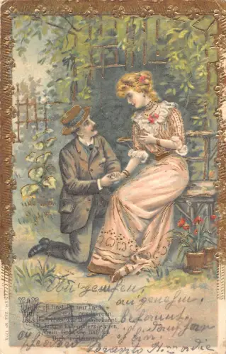 Paar bekennt Liebe goldenes Detail 1905 geprägte Postkarte