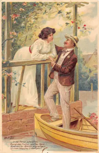 Mann im Boot erklärt Liebe für Frau weißes Kleid 1907 geprägte Postkarte