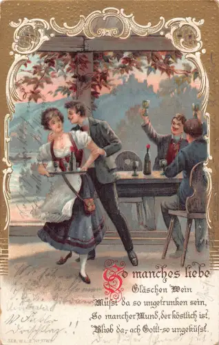 Freunde trinken Bar Mann nähert sich Kellnerin Flirt 1904 geprägte Postkarte
