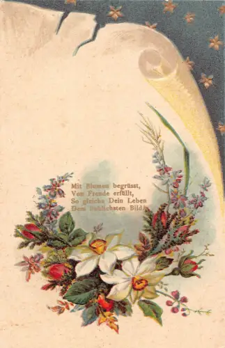 Frühlingsgrüße Rosen Knospen weiße Narzissen Sterne geprägte Postkarte